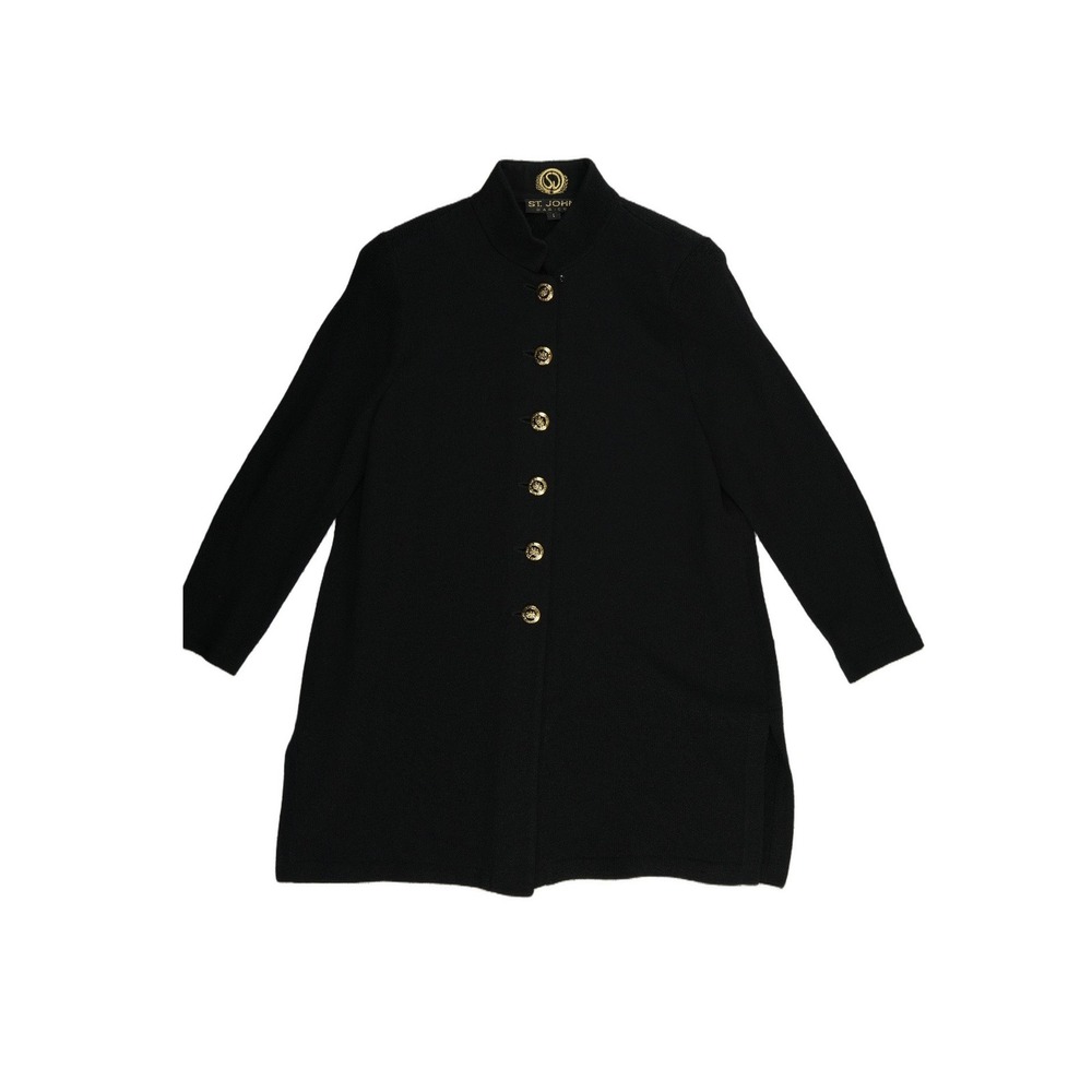 St John Cardigan Sweater Jacket Women's Size Large Black Santana Gold Buttons